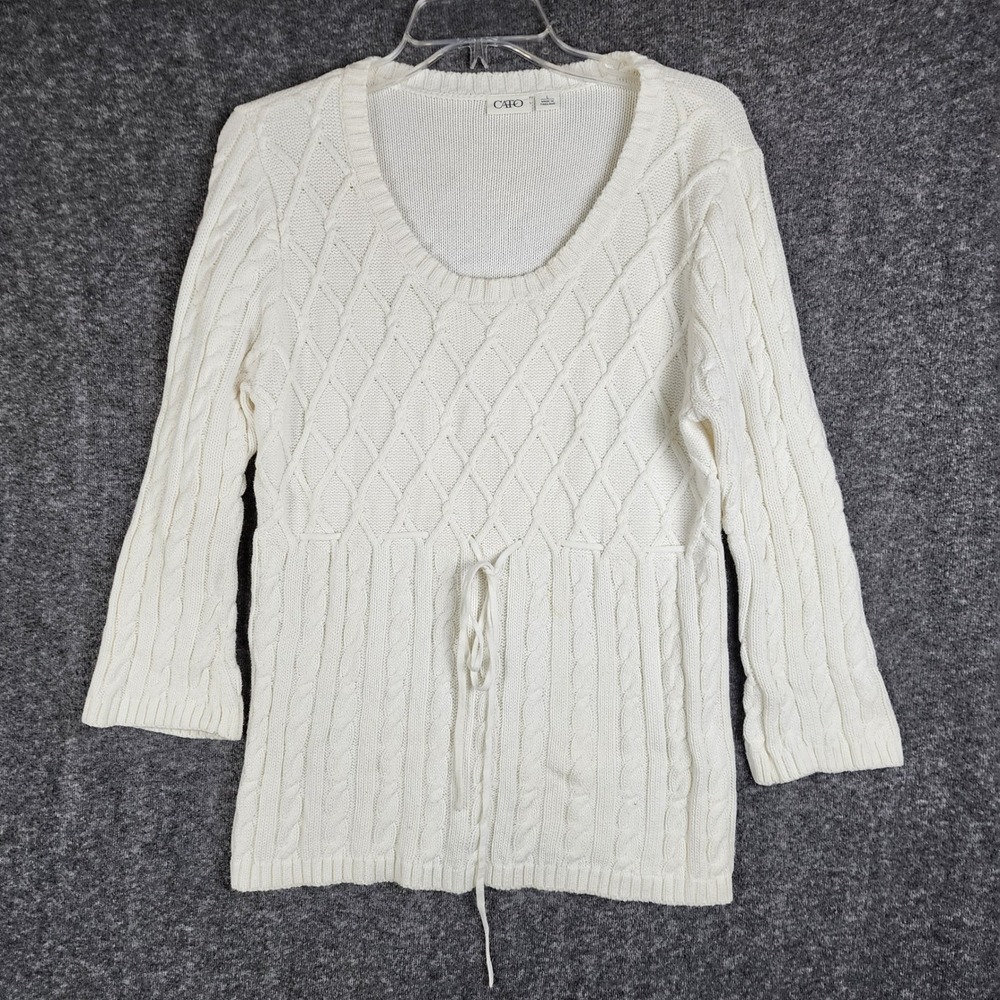 Cato Sweater Womens Large Cable Knit Drawstring Waist Scoop Neck 3/4 Sleeve